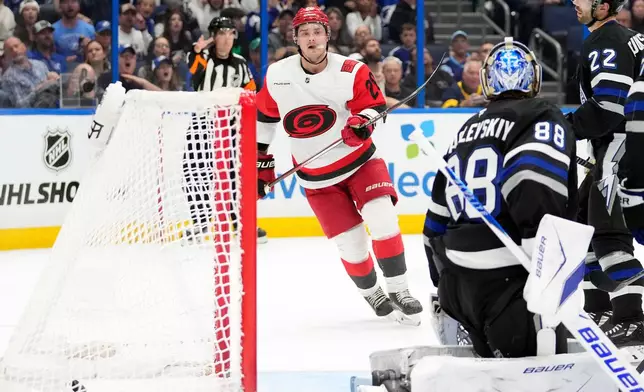 Carolina Hurricanes center Sebastian Aho (20) watches his shot get past Tampa Bay Lightning goaltender Andrei Vasilevskiy (88) for a goal during the first period of an NHL hockey game Saturday, March 14, 2026, in Tampa, Fla. (AP Photo/Chris O'Meara)