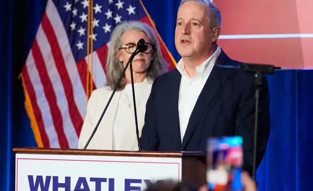 North Carolina Republican Senate candidate former RNC Chairman Michael Whatley speaks at a primary election night watch party Tuesday, March 3, 2026, in Charlotte, N.C. (AP Photo/Erik Verduzco)