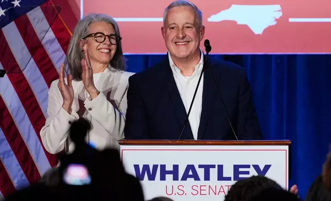 North Carolina Republican Senate candidate former RNC Chairman Michael Whatley speaks at a primary election night watch party Tuesday, March 3, 2026, in Charlotte, N.C. (AP Photo/Erik Verduzco)