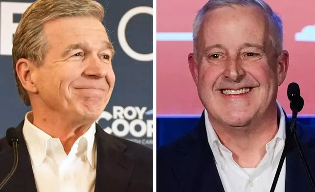 This combo image shows North Carolina Democratic Senate candidate former Gov. Roy Cooper, left, and Republican candidate former RNC Chairman Michael Whatley, both speaking at separate primary election night watch parties Tuesday, March 3, 2026, in Raleigh, N.C. (AP Photo/Matt Ramey, Erik Verduzco)