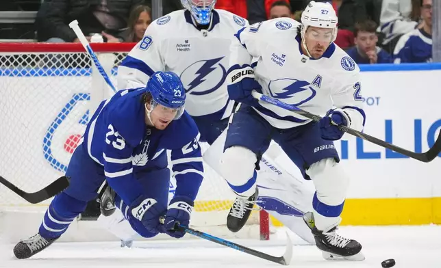 Toronto Maple Leafs Matthew Knies (23) and Tampa Bay Lightning Ryan McDonagh (27) battle for the puck during first period NHL action in Toronto, on Saturday, March 7, 2026. (Frank Gunn/The Canadian Press via AP)