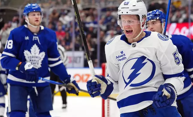 Tampa Bay Lightning Jake Guentzel (59) celebrates a goal against the Toronto Maple Leafs during first period NHL action in Toronto, on Saturday, March 7, 2026. (Frank Gunn/The Canadian Press via AP)