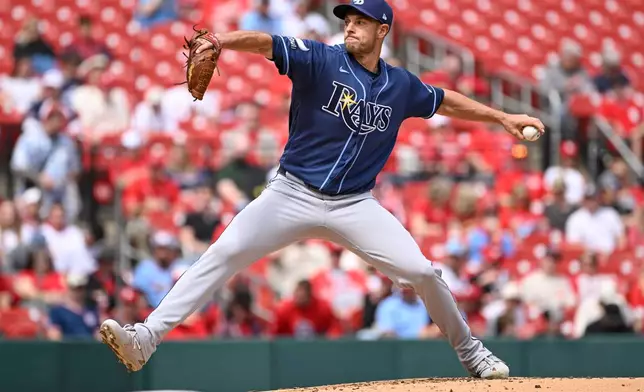 Tampa Bay Rays pitcher Steven Matz throws in the first inning of a baseball game against the St. Louis Cardinals, Sunday, March 29, 2026, in St. Louis. (AP Photo/Joe Puetz)