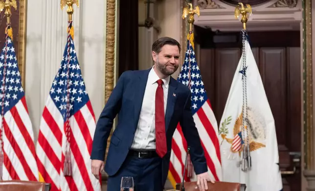 Vice President JD Vance, chair of the newly formed Task Force to Eliminate Fraud, arrives for the task force's first meeting in the Indian Treaty Room at the Eisenhower Executive Office Building on the White House complex in Washington, Friday, March 27, 2026. (AP Photo/Manuel Balce Ceneta)