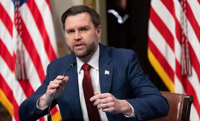 Vice President JD Vance, chair of the newly formed Task Force to Eliminate Fraud, speaks during the task force's first meeting in the Indian Treaty Room at the Eisenhower Executive Office Building on the White House complex in Washington, Friday, March 27, 2026. (AP Photo/Manuel Balce Ceneta)