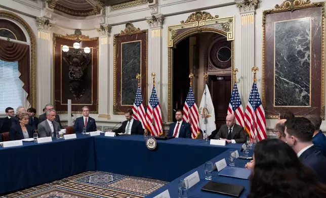 From left, Education Secretary Linda McMahon, Health and Human Services Secretary Robert F. Kennedy Jr., Department of Treasury Secretary Scott Bessent, Federal Trade Commission Chairman Andrew Ferguson, Vice President JD Vance and White House deputy chief of staff Stephen Miller attend the first meeting of the newly formed national Task Force to Eliminate Fraud in the Indian Treaty Room at the Eisenhower Executive Office Building on the White House complex in Washington, Friday, March 27, 2026. (AP Photo/Manuel Balce Ceneta)