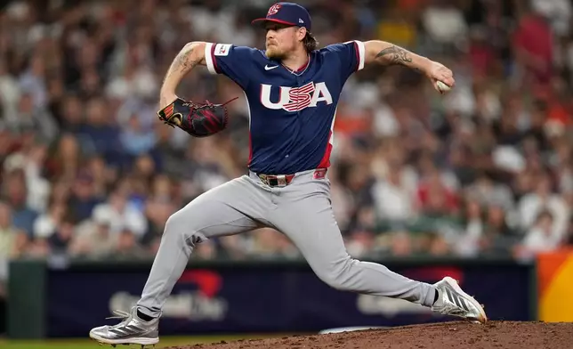 United States pitcher Gabe Speier delivers a pitch against Canada during the sixth inning of a World Baseball Classic quarterfinal game, Friday, March 13, 2026, in Houston. (AP Photo/David J. Phillip)