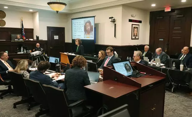 Defense attorney Carole Rendon, for former FirstEnergy CEO Chuck Jones, delivers her closing arguments from the podium in Jones' trial in Summit County Common Pleas Judge Susan Baker Ross's courtroom in Akron on Tuesday, March 17, 2026. (Mike Cardew/Akron Beacon Journal via AP, Pool)
