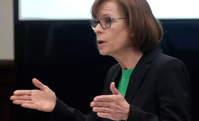 Defense attorney Carole Rendon, for former FirstEnergy CEO Chuck Jones, delivers her closing arguments in Jones' trial in Summit County Common Pleas Judge Susan Baker Ross's courtroom in Akron on Tuesday, March 17, 2026. (Mike Cardew/Akron Beacon Journal via AP, Pool)