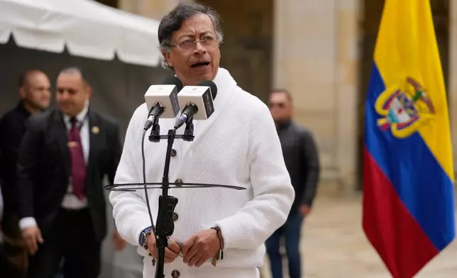 Colombia's President Gustavo Petro speaks after voting during legislative elections in Bogota, Colombia, Sunday, March 8, 2026. (AP Photo/Fernando Vergara)