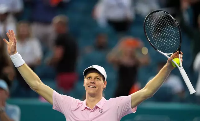 Jannik Sinner of Italy celebrates after defeating Jiri Lehecka of the Czech Republic in the men's singles final at the Miami Open tennis tournament, Sunday, March 29, 2026, in Miami Gardens, Fla. (AP Photo/Rebecca Blackwell)