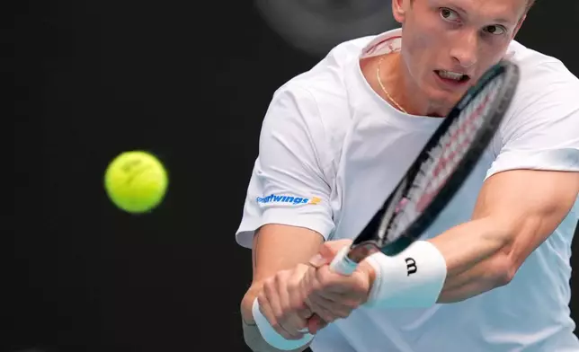 Jiri Lehecka of Czech Republic plays a ball in his men's singles final against Jannik Sinner of Italy, at the Miami Open tennis tournament, Sunday, March 29, 2026, in Miami Gardens, Fla. (AP Photo/Rebecca Blackwell)