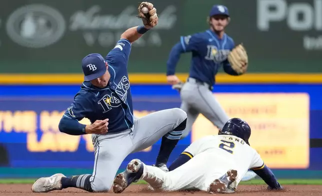 Milwaukee Brewers' Brice Turang (2) steals second base past Tampa Bay Rays' Ben Williamson during the eighth inning of a baseball game Monday, March 30, 2026, in Milwaukee. (AP Photo/Aaron Gash)