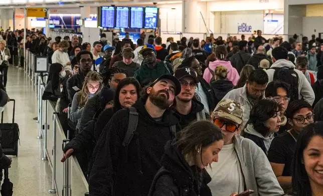 People wait in long TSA security lines at John F. Kennedy International Airport (JFK) in the Queens borough of New York, Monday, March 23, 2026. (AP Photo/Ryan Murphy)