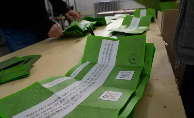 Ballots are counted at a polling station at the end of the vote for a referendum on judicial reform in Rome, Monday, March 23, 2026. (AP Photo/Gregorio Borgia)