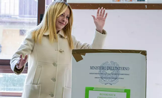 Italian Premier Giorgia Meloni casts her ballot in a referendum on judicial reform, in Rome, Monday, March 23, 2026. (Valentina Stefanelli/LaPresse via AP)