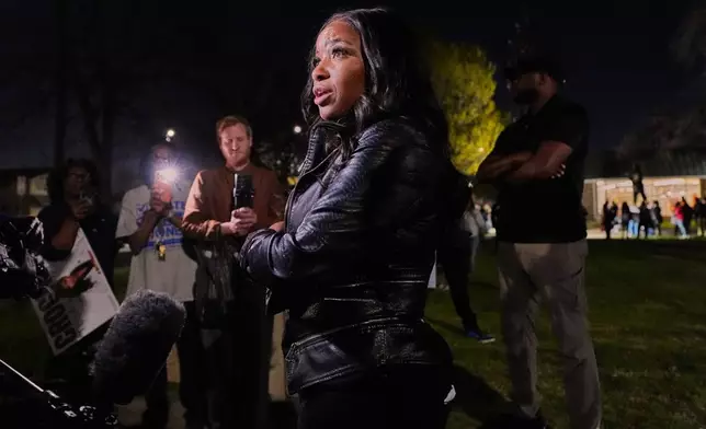 Primary candidate for U.S. Senate Rep. Jasmine Crockett, D-Texas, responds to a question during a broadcast interview at a campaign stop in Dallas, Friday, Feb. 27, 2026. (AP Photo/Tony Gutierrez)