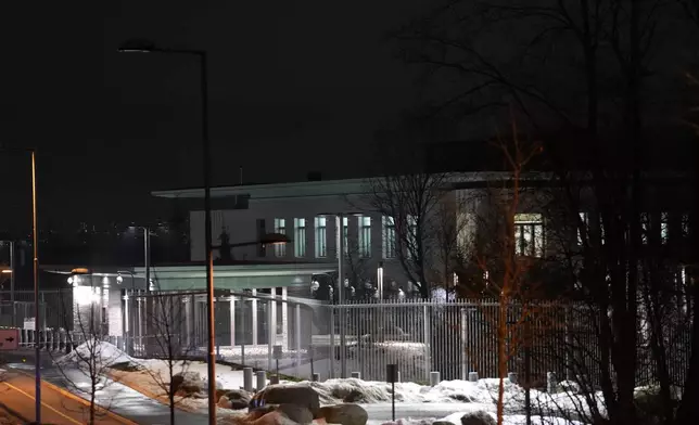 This photo shows outside of the U.S. Embassy in Oslo, Norway in the early hours of Sunday, March 8, 2026. (Javad Parsa/NTB Scanpix via AP)