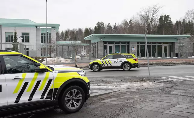 Police vehicles outside the U.S. Embassy in Oslo, Sunday, March 8, 2026. (Fredrik Varfjell/NTB Scanpix via AP)