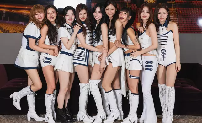 Jeongyeon, from left, Jihyo, Dahyun, Sana, Mina, Tzuyu, Chaeyoung, Momo, and Nayeon of TWICE pose for a portrait on Wednesday, Jan. 21, 2026, in Inglewood, Calif. (Photo by Andrew Park/Invision/AP)