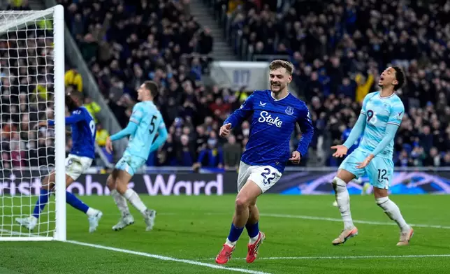 Everton's Kiernan Dewsbury-Hall celebrates scoring their side's second goal of the game during their English Premier League soccer match against Burnley in Liverpool, England, Tuesday, March 3, 2026. (Peter Byrne/PA via AP)