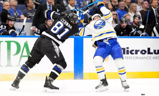 Tampa Bay Lightning defenseman Erik Cernak (81) hits Buffalo Sabres left wing Jason Zucker up high during the first period of an NHL hockey game Saturday, Feb. 28, 2026, in Tampa, Fla. (AP Photo/Chris O'Meara)