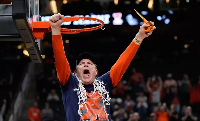 Illinois coach Brad Underwood celebrates after Illinois beat Iowa in an Elite Eight game in the NCAA college basketball tournament Saturday, March 28, 2026, in Houston. (AP Photo/Ashley Landis)