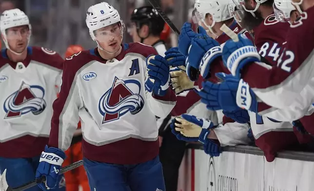 Colorado Avalanche defenseman Cale Makar, center, celebrates his goal with teammates during the first period of an NHL hockey game against the Anaheim Ducks Tuesday, March 3, 2026, in Anaheim, Calif. (AP Photo/Gregory Bull)