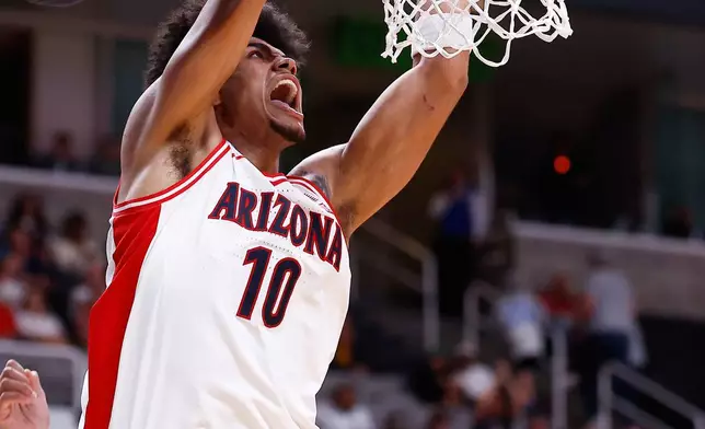 Arizona forward Koa Peat (10) dunks during the second half in the Sweet 16 of the NCAA college basketball tournament against Arkansas, Thursday, March 26, 2026, in San Jose, Calif. (AP Photo/Kelley L Cox)