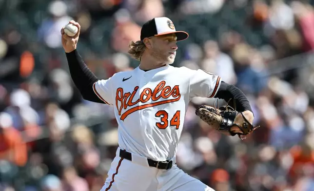 Baltimore Orioles pitcher Shane Baz throws a pitch against the Minnesota Twins during the first inning of a baseball game, Sunday, March 29, 2026 in Baltimore.(AP Photo/Gail Burton)