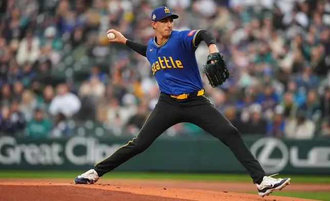 Seattle Mariners starting pitcher George Kirby throws against the Cleveland Guardians during the first inning of a baseball game, Friday, March 27, 2026, in Seattle. (AP Photo/Lindsey Wasson)