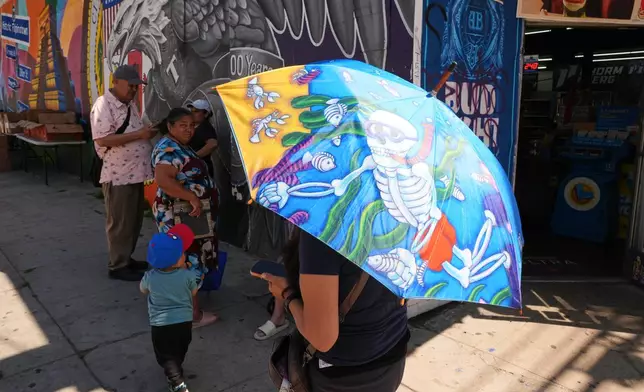 People cover themselves from the heat with umbrellas while waiting to receive food items at a donation site Wednesday, March 11, 2026, in Los Angeles. (AP Photo/Damian Dovarganes)