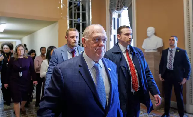 White House border czar Tom Homan exits a closed-door meeting with members of the U.S. Senate on Capitol Hill on Thursday, March 19, 2026, in Washington. (AP Photo/Tom Brenner)