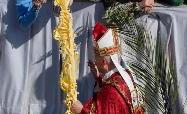 Pope Leo XIV presides over Mass in St. Peter's Square at the Vatican on the Catholic feast of Palm Sunday, commemorating Jesus' arrival in Jerusalem, Sunday, March 29, 2026. (AP Photo/Alessandra Tarantino)