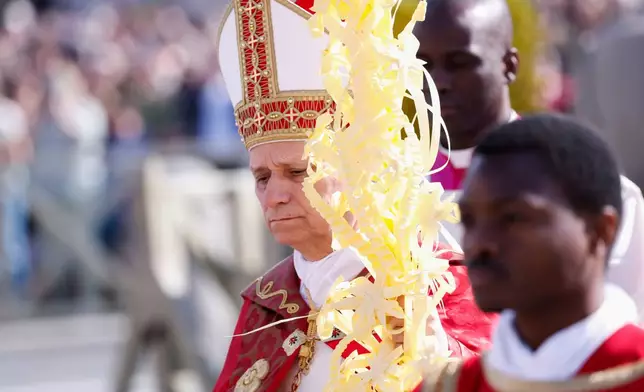Pope Leo XIV presides over Palm Sunday Mass in St. Peter's Square at the Vatican, Sunday, March 29, 2026. (Remo Casilli/Pool Photo via AP)