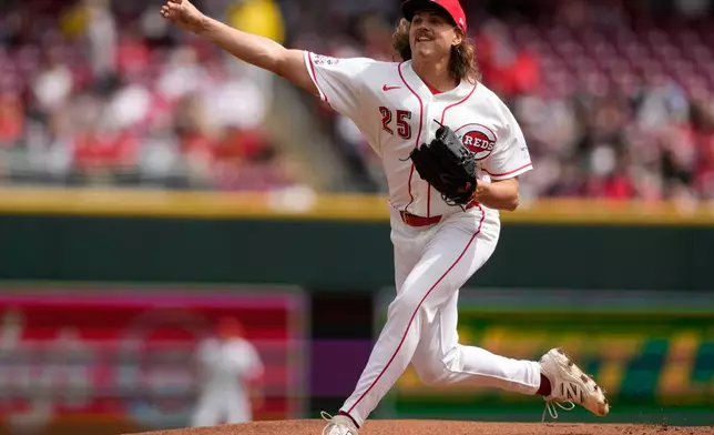 Cincinnati Reds pitcher Rhett Lowder throws during the first inning of a baseball game between the Cincinnati Reds and the Boston Red Sox in Cincinnati, Sunday, March 29, 2026. (AP Photo/Carolyn Kaster)