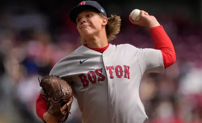 Boston Red Sox pitcher Connelly Early throws during the first inning of a baseball game between the Cincinnati Reds and the Boston Red Sox in Cincinnati, Sunday, March 29, 2026. (AP Photo/Carolyn Kaster)