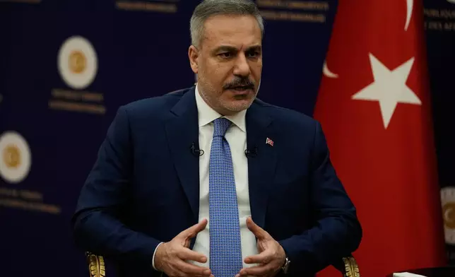 Turkey's Foreign Minister Hakan Fidan speaks during an interview with The Associated Press, in Ankara, Turkey, Saturday, March 14, 2026. (AP Photo/Khalil Hamra)