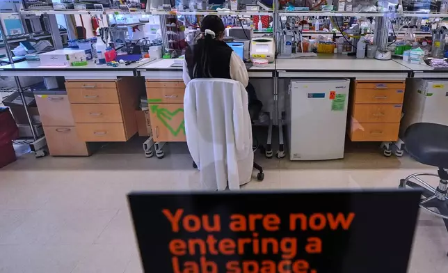 A scientist works in the Stanley Center for Psychiatric Research laboratory space at the Broad Institute, Tuesday, March 17, 2026, in Cambridge, Mass. (AP Photo/Charles Krupa)