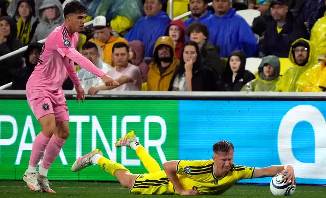Inter Miami defender Noah Allen, left, protests a play by Nashville SC forward Sam Surridge, right, in the first half of a CONCACAF Champions Cup Round of 16 soccer match Wednesday, March 11, 2026, in Nashville, Tenn. (AP Photo/Mark Humphrey)