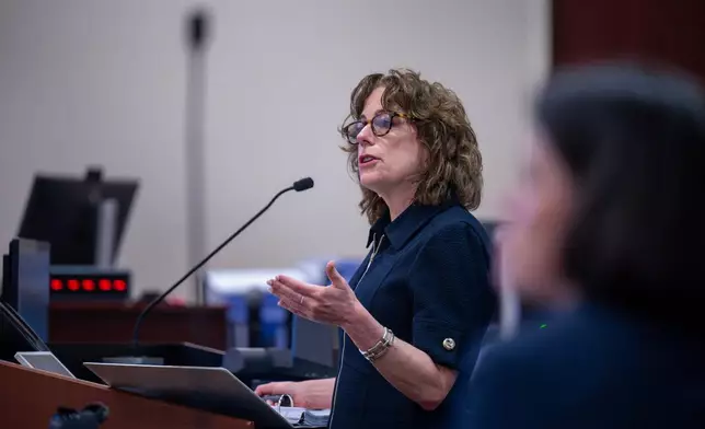 Linda Singer, an attorney representing the plaintiff, makes closing arguments, Monday, March 23, 2026, in state court, in Santa Fe, N.M., in a trial where the social media conglomerate is accused of misleading its users about how safe its platforms are for children. (Eddie Moore/The Albuquerque Journal via AP, Pool)
