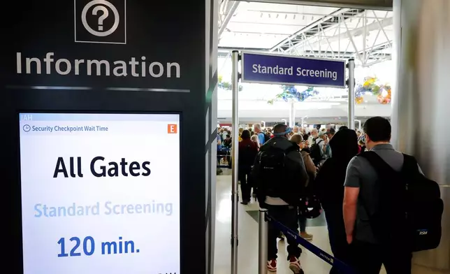 Air travelers endure long lines and two-hour wait times at the TSA security check point at Terminal E at the George Bush Intercontinental Airport Friday, March 20, 2026, in Houston. (AP Photo/Michael Wyke)
