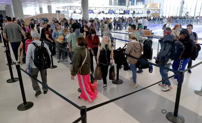 Air travelers endure long lines and two-hour wait times at the TSA security check point at Terminal E at the George Bush Intercontinental Airport Friday, March 20, 2026, in Houston. (AP Photo/Michael Wyke)