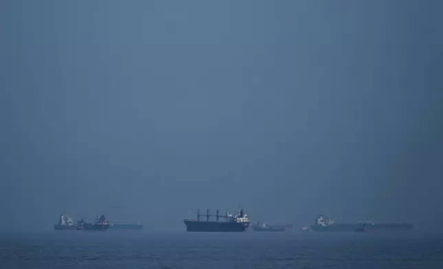 Oil tankers and cargo ships line up in the Strait of Hormuz as seen from Khor Fakkan, United Arab Emirates, Wednesday, March 11, 2026. (AP Photo/Altaf Qadri)