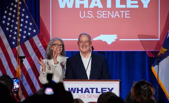 North Carolina Republican Senate candidate former RNC Chairman Michael Whatley speaks at a primary election night watch party Tuesday, March 3, 2026, in Charlotte, N.C. (AP Photo/Erik Verduzco)