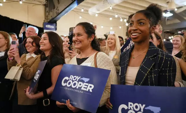 Supporters of North Carolina Democratic Senate candidate former Gov. Roy Cooper watch as he speaks at a primary election night watch party Tuesday, March 3, 2026, in Raleigh, N.C. (AP Photo/Matt Ramey)