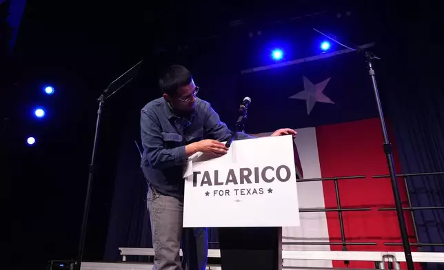 A staff member prepares for the election watch party for Texas state Rep. James Talarico, D-Austin, a Democratic candidate for the U.S. Senate in Austin, Texas, Tuesday, March 3, 2026. (AP Photo/Eric Gay)