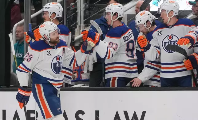 Edmonton Oilers center Leon Draisaitl (29) is congratulated by teammates after scoring against the San Jose Sharks during the first period of an NHL hockey game in San Jose, Calif., Saturday, Feb. 28, 2026. (AP Photo/Jeff Chiu)
