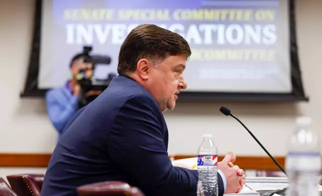 Jeff DiSantis, aide to Fulton County District Attorney Fani Willis, testifies in front of the Senate Special Committee on Investigations Subcommittee at the Capitol in Atlanta, Friday, March 13, 2026. (Arvin Temkar/Atlanta Journal-Constitution via AP)