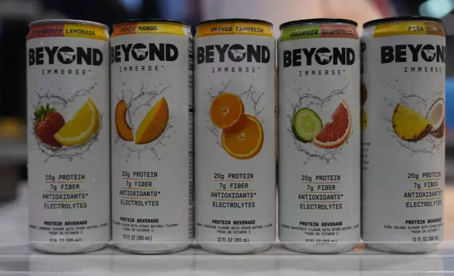 The new Beyond Immerse, Beyond's new sparkling plant‑protein drink flavors, positioned as a lighter, "sippable" protein beverage is showcased at the Natural Products Expo West 2026 at the Anaheim Convention Center in Anaheim, Calif., on Thursday, March 5, 2026. (AP Photo/Damian Dovarganes)